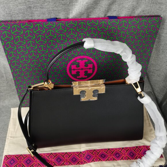 NEW Tory Burch Eleanor Spazzolato Satchel Bag In Black - Picture 4 of 11
